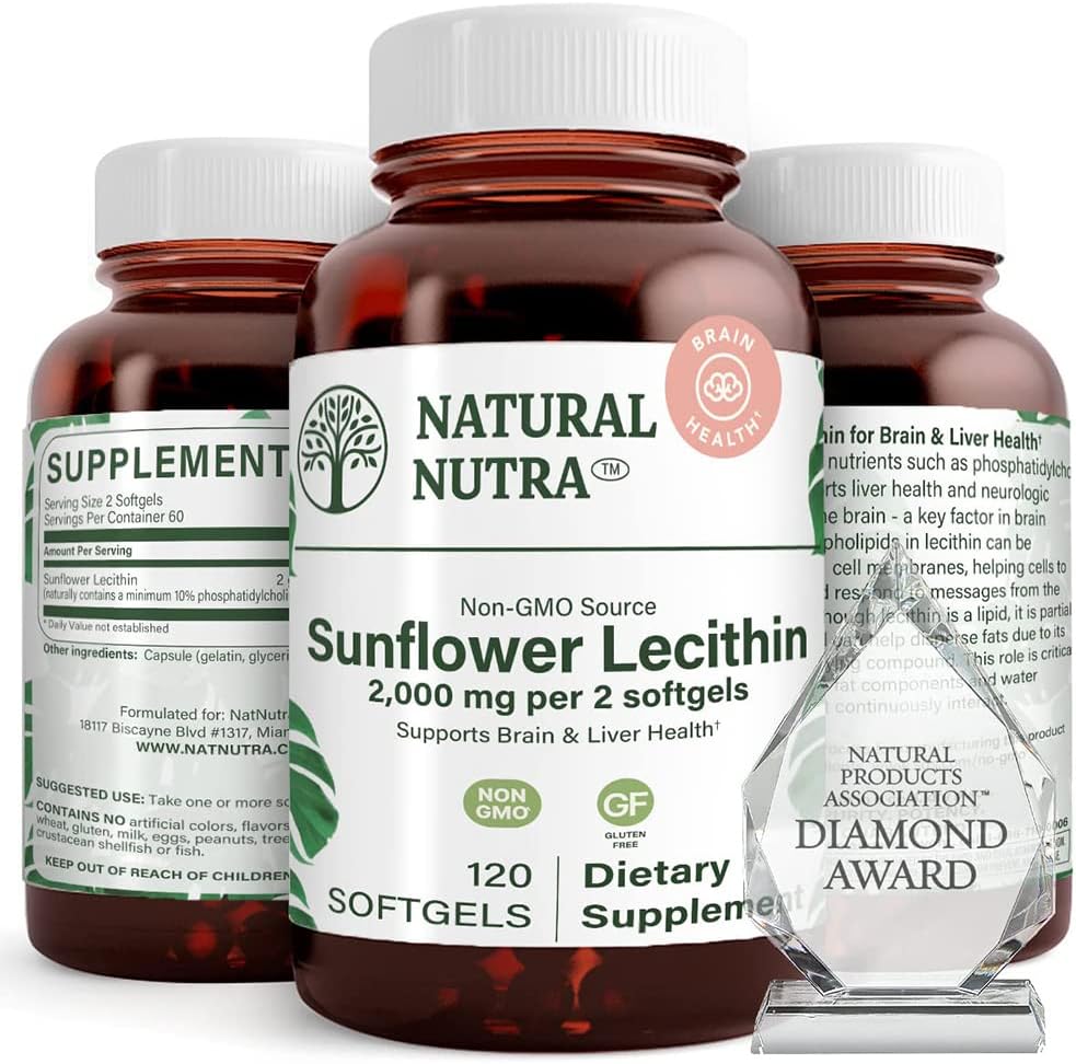 Natural Nutra Sunflower Lecithin Supplement 2000 mg, Helps to Improve Liver Function, Memory Booster, Promotes Brain Health and Focus and Concentration, Non-GMO, Gluten Free 120 Softgels (3 Pack)