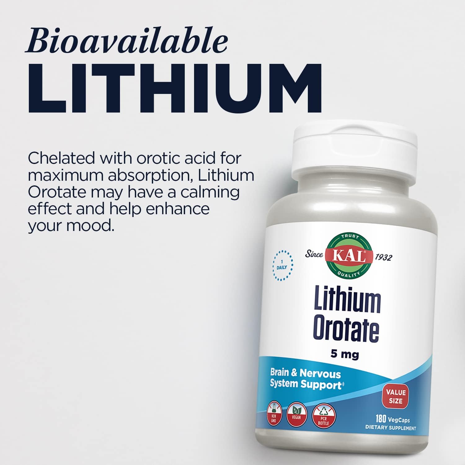 KAL Lithium Orotate 5mg, Low Dose Lithium Supplement for Brain, Nervous System and Mood Support, Chelated and Highly Bioavailable, Vegan, Non-GMO, Organic Rice Extract Blend, 180 Servings, 180 VegCaps : Health & Household