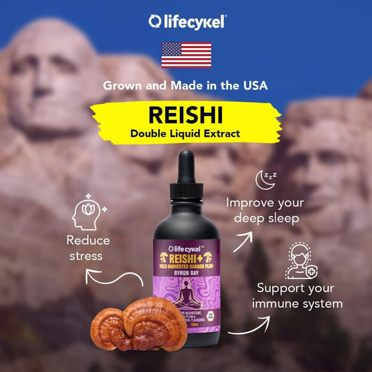 Life Cykel Reishi Mushroom Extract W/Kakadu Plum- Adaptogen For Sleep Help, Relaxation & Cellular Support- 100% Organic Mushrooms, Antioxidants Vitamin C, 2Oz (Packaging May Vary)