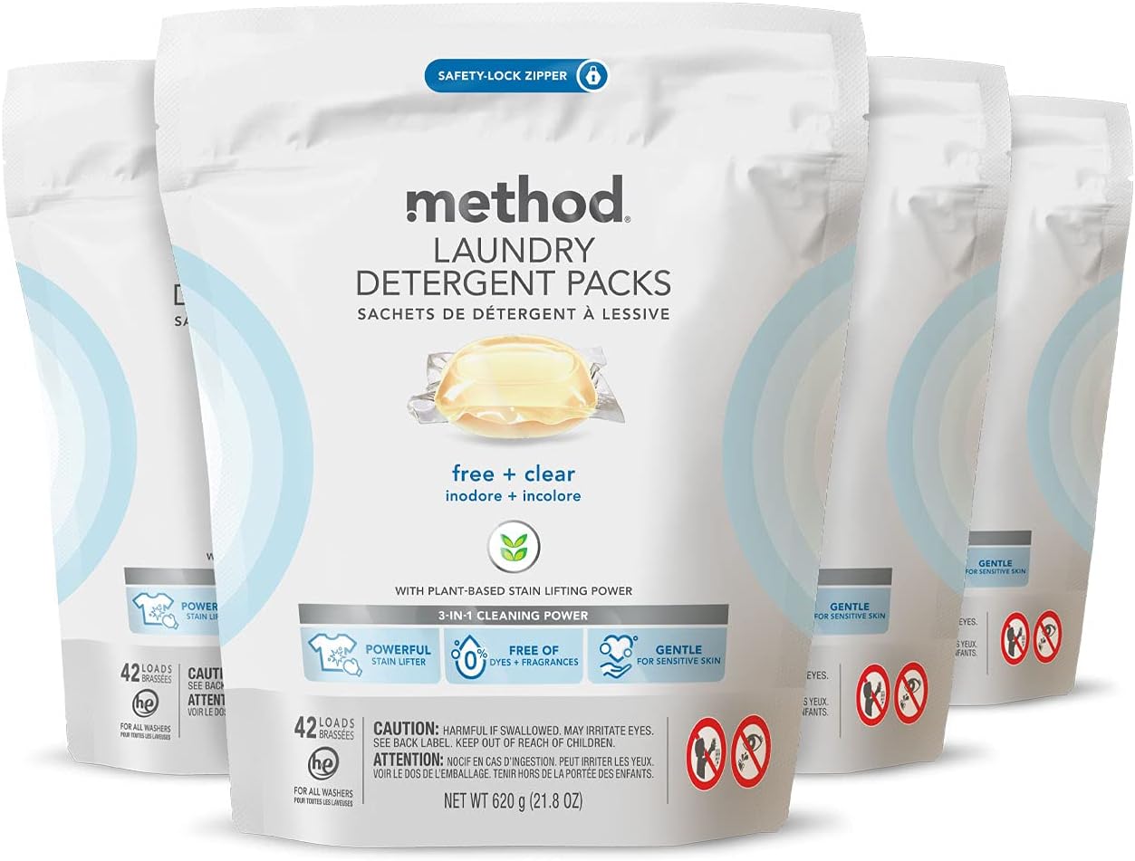 Method Laundry Detergent Packs; Fragrance Free + Clear; Plant-Based Stain Remover that Works in Hot & Cold Water; 42 Packs per Bag; 4 Pack (168 Loads); Packaging May Vary