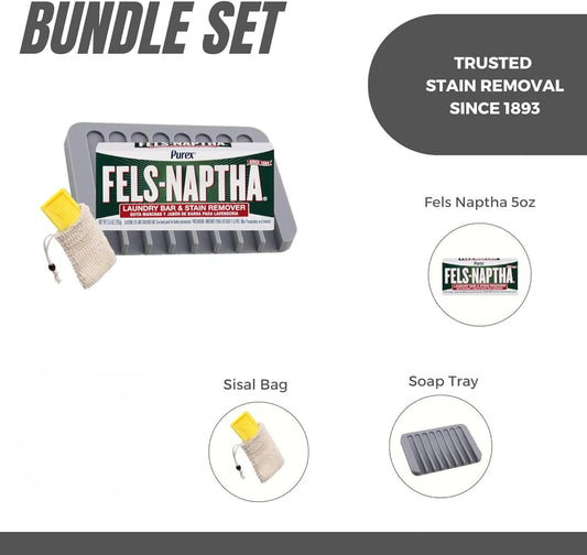 Fels-Naptha Laundry Detergent Bar 5 Ounce - Complete Bundle including Purex Fels-Naptha Laundry Bar Soap and Naptha Stain Remover with a Bamboo Soap Holder, a Sisal Bag