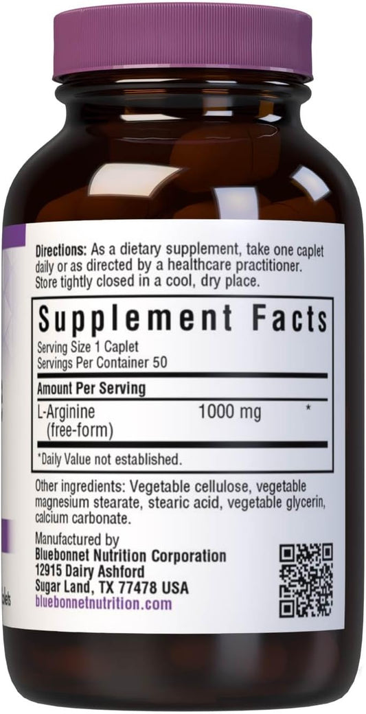 Bluebonnet Nutrition L-Arginine 1000Mg, Free-Form Amino Acid, Nitric Oxide Precursor, Gluten-Free, Non-Gmo, Kosher Certified, Vegan, 50 Caplets, 50 Servings