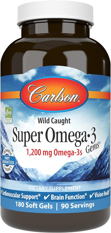 Carlson - Super Omega-3 Gems, 1200 mg Omega-3s, Cardiovascular Support, Brain Function & Vision Health, 180 soft gels