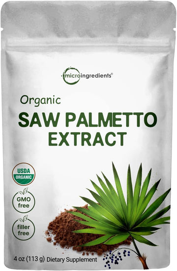 Sustainably Us Grown, Organic Saw Palmetto Powder, 4 Ounce, With Active Fatty Acid, Pure Saw Palmetto Prostate & Hair Growth Supplement, Healthy Urination Frequency & Hair Loss Blocker Supplement