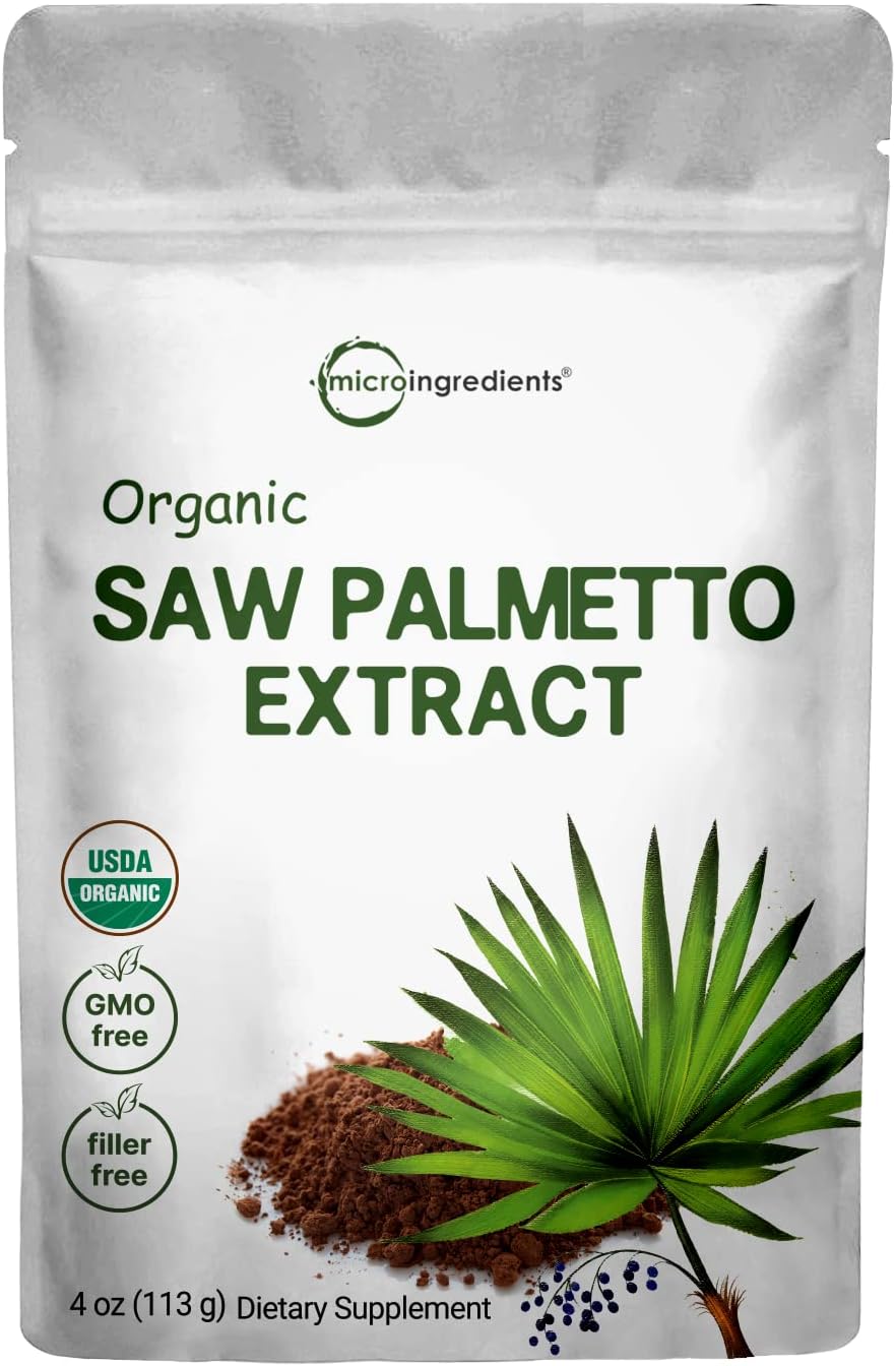 Sustainably US Grown, Organic Saw Palmetto Powder, 4 Ounce, with Active Fatty Acid, Pure Saw Palmetto Prostate & Hair Growth Supplement, Healthy Urination Frequency & Hair Loss Blocker Supplement