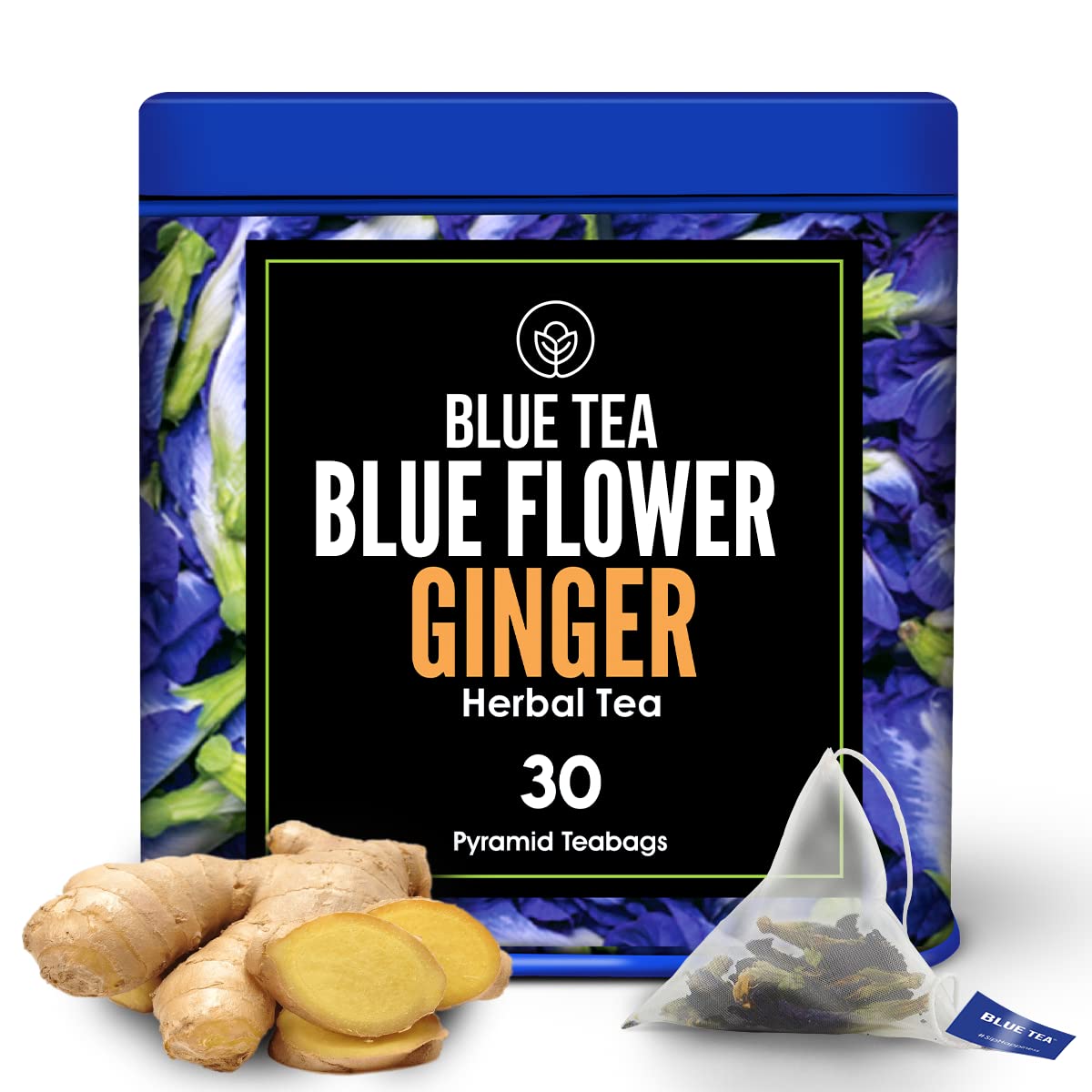 Blue Tea - Blue Flower Ginger Tea Bags - 30 Pyramid Tea Bags || Anti-Inflammatory || Iced Tea, Mocktail, Cocktails | Eco-Friendly Tin Packaging |