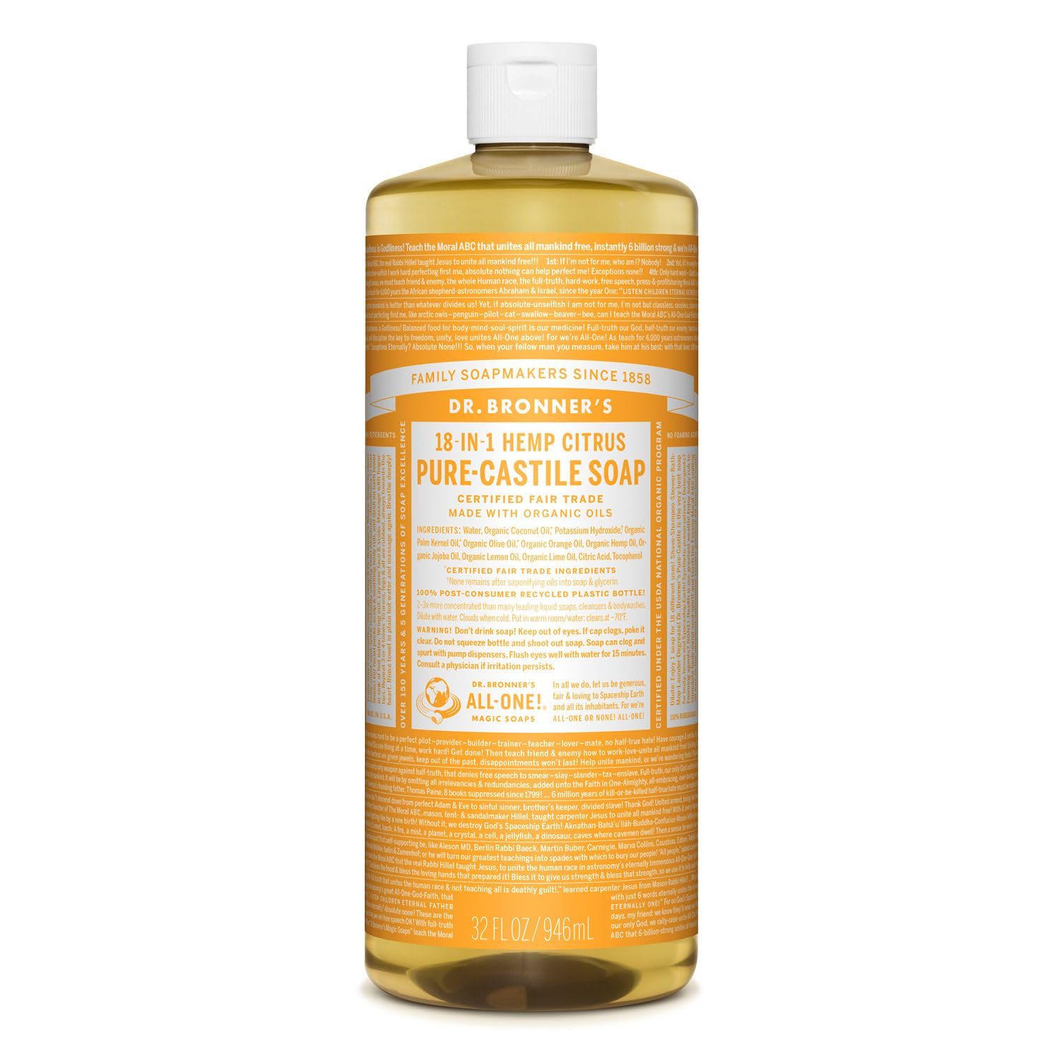 Dr. Bronner's - Pure-Castile Liquid Soap (Citrus, 32 ounce) - Made with Organic Oils, 18-in-1 Uses: Face, Body, Hair, Laundry, Pets and Dishes, Concentrated, Vegan, Non-GMO