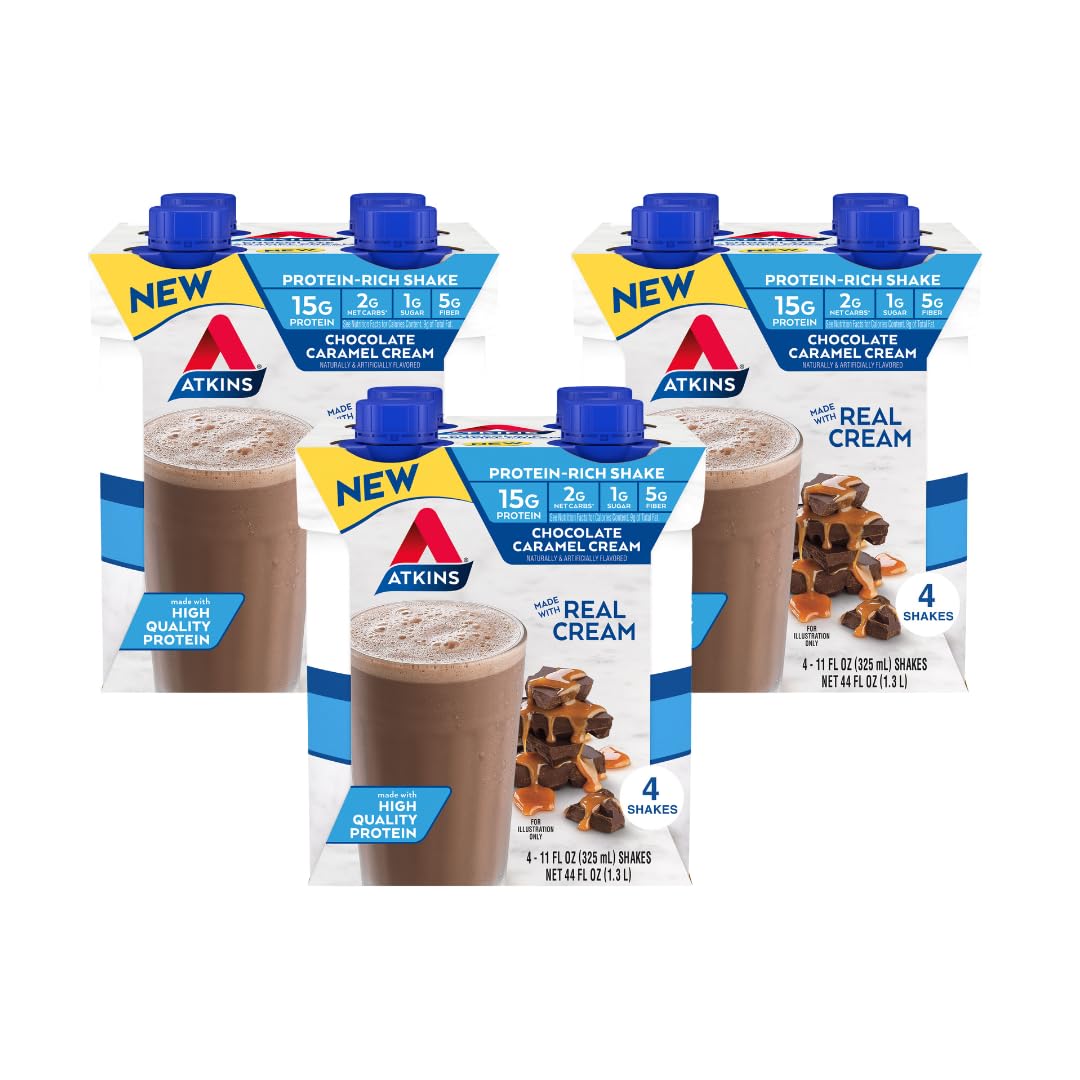 Atkins Protein Rich Shake, Chocolate Caramel Cream, 15g Protein, Low Glycemic, 2g Net Carbs, 1g Sugar, Low Carb Lifestyle, Gluten Free, 12 count