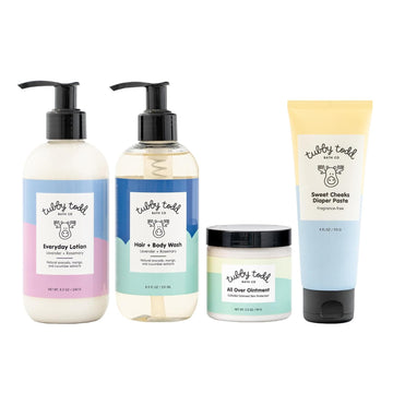 TUBBY TODD Baby Bath & Skincare Kit - The Baby Bundle - Baby Shampoo and Body Wash, Everyday Lotion, All Over Ointment & Diaper Paste Cream Gift Set - Standard Size Lavender Rosemary