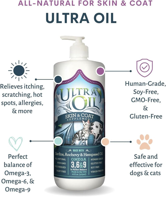 Ultra Oil Skin and Coat Supplement for Dogs and Cats with Hemp Seed Oil, Flaxseed Oil, Grape Seed Oil, Fish Oil for Relief from Dry Itchy Skin, Dull Coat, Hot Spots, Dandruff, and Allergies 128 Ounce