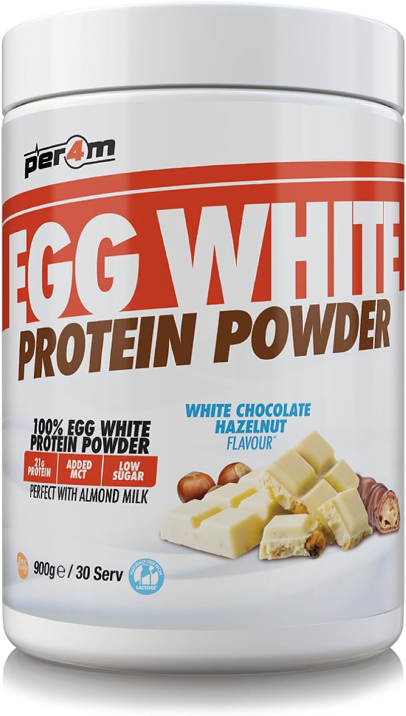 Per4M 100% Pure Free Range Egg White Protein Powder | 30 Servings High Protein Shake With Added Mct | Gut Friendly And Lactose-Free | With Essential Amino Acids (900G, White Chocolate Hazelnut)