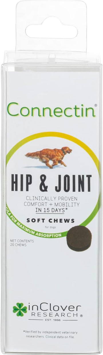 In Clover Connectin Hip and Joint Soft Chew Supplement for Dogs, Combines Glucosamine, Chondroitin and Hyaluronic Acid with Herbs, Patented and Clinically Tested to Work in 15 Days, 20 Count