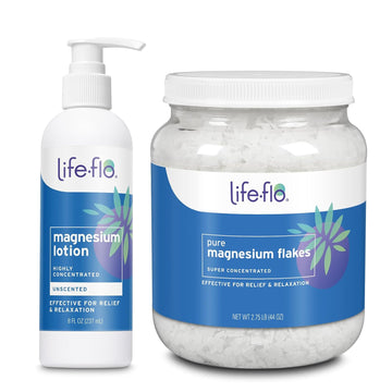 Life-Flo Unscented Magnesium Lotion 8Oz And Magnesium Flakes For Bath 44Oz - Relief And Relaxation With Topical Magnesium Chloride From Zechstein Seabed - Soothe Muscles And Joints - 60-Day Guarantee