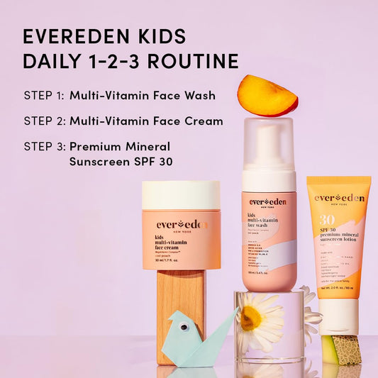 Evereden Daily 1-2-3 Routine Bundle: Clean & Vegan Skin Care Set for Kids - Hydrating & Nourishing Tween Skincare Set with Multi-Vitamin Face Wash, Face Cream, Lotion, & SPF 30 Mineral Sunscreen