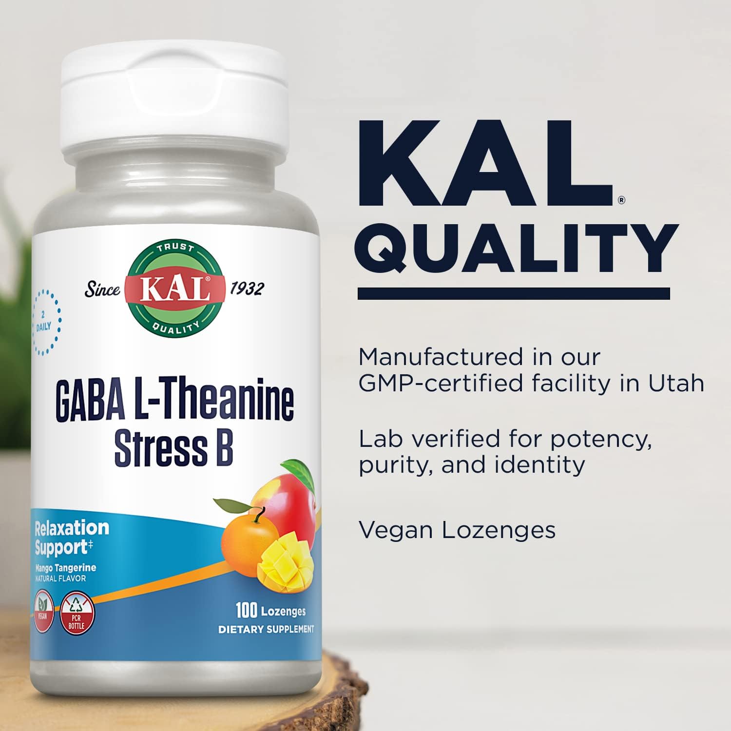 KAL GABA L-Theanine Stress B Lozenge, B Complex Vitamin Supplement, Healthy Relaxation, Mood & Focus Support, Natural Mango Tangerine Flavor, Vegan, 50 Servings, 100 Lozenges : Health & Household