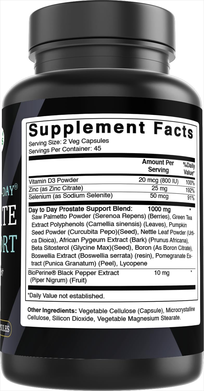 Best Naturals Day-To-Day Prostate Support Supplements 90 Veg Capsules - Made With Saw Palmetto, Green Tea, Pumpkin, Nettle, African Pygeum, & Beta Sitosterol
