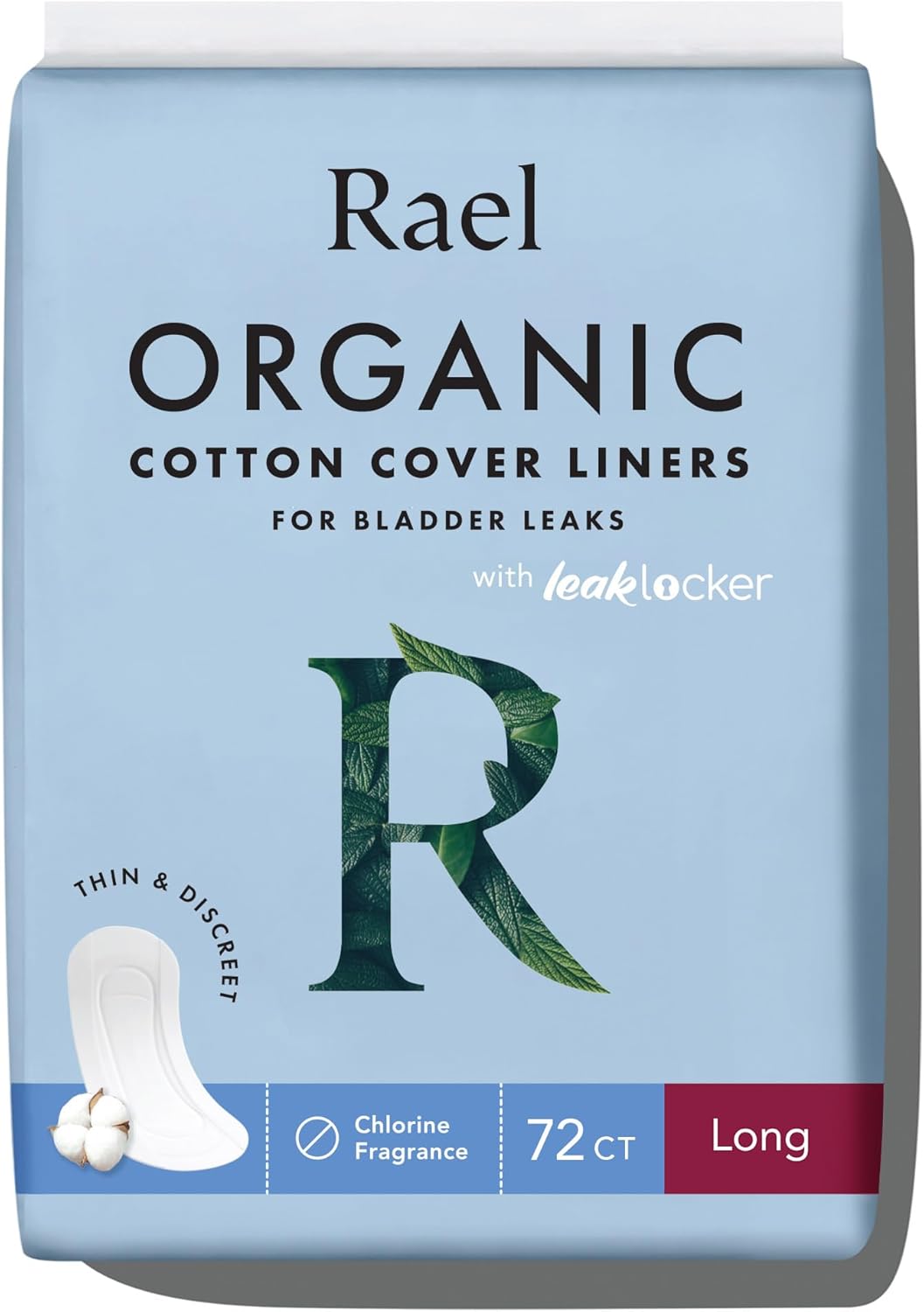 Rael Incontinence Liners For Women, Organic Cotton Cover - Postpartum Essential, Regular Absorbency, Bladder Leak Control, 4 Layer Core With Leak Guard Technology, (Long, 72 Count)