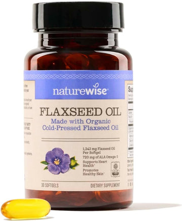 Naturewise Flaxseed Oil 1200Mg Softgels With 720Mg Ala, Fish Free Omega, Omega 3 6 9, Supplement For Heart Health - Made With Organic, Cold Pressed Flaxseed Oil, Non-Gmo - 30 Softgels[1-Month Supply]