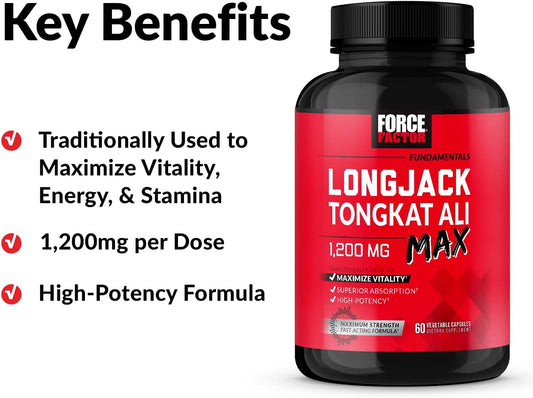 Force Factor Longjack Tongkat Ali Max for Men, Male Stamina and Vitality Supplement Made with Tongkat Ali Extract and Key Natural Ingredients for Superior Absorption, 1200mg, 60 Capsules