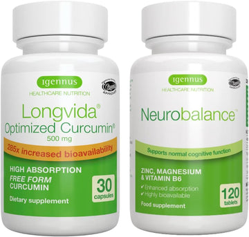 Longvida Curcumin 500Mg + Neurobalance High Absorption Zinc Magnesium B6 Vegan Bundle, Ultra Bioavailable Curcumin With Chelated Zinc Picolinate 24Mg, Oxide-Free Magnesium, By Igennus
