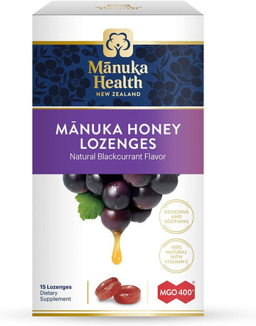 Manuka Health Manuka Honey Lozenges – 15 Blackcurrant Flavored Lozenges – Natural Throat Lozenges Infused with Raw Manuka Honey and Vitamin C for Immune Support