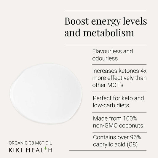 Kiki Health - Organic C8 Mct Oil - 100% Pure, Non-Gmo, Cold-Pressed - Boosts Ketones & Metabolism - Supports Ketosis, Energy, Mental Clarity & Focus - Unflavoured & Odorless - 500Ml