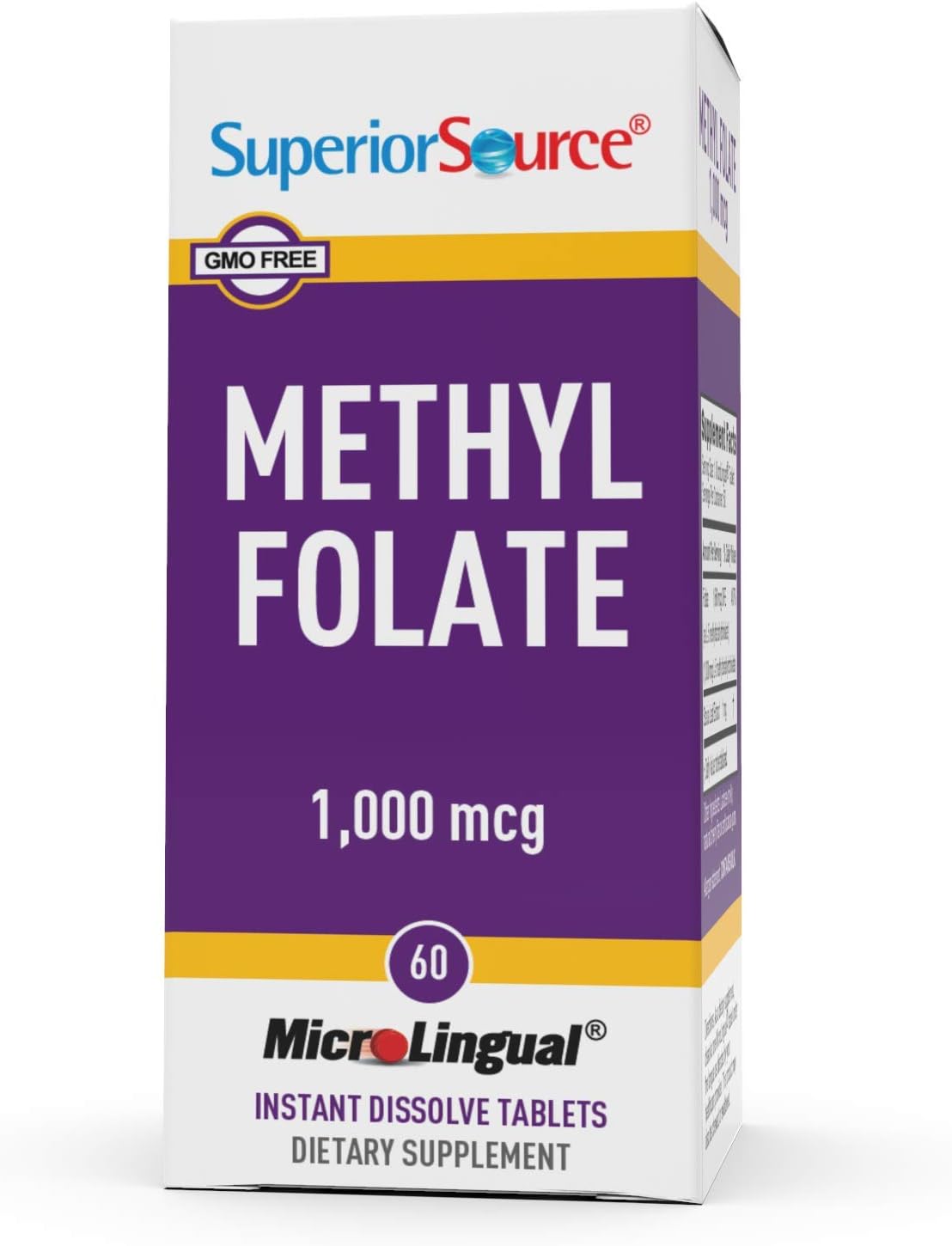 Superior Source Methylfolate 5-MTHF 1000 mcg, Quick Dissolve MicroLignual Tablets, 60 Ct, Biologically Active Form of Folate, Cardiovascular Health, Energy Metabolism & Prenatal Development, Non-GMO : Health & Household