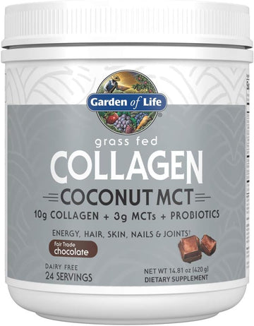 Garden Of Life Grass Fed Collagen Coconut Mct Powder - Chocolate, 24 Servings, Collagen Peptides Powder For Energy Hair Skin Nails Joints, Coconut Mcts, Probiotics, Collagen Protein Powder Supplement