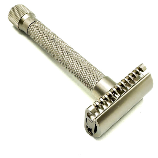 The Parker Variant Open Comb - Adjustable Double Edge Safety Razor, Customize Your Shave With A Turn Of The Dial From Mild To Aggressive - 5 Blades Included (Satin Chrome)