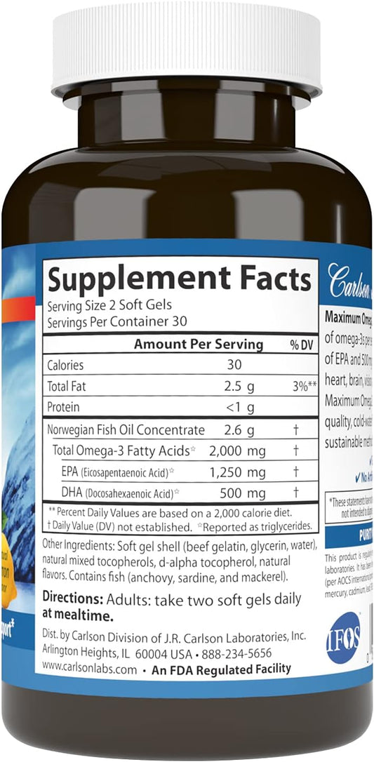 Carlson - Maximum Omega 2000, 2000 mg Omega-3 Fatty Acids Including EPA and DHA, Wild-Caught, Norwegian Fish Oil Supplement, Sustainably Sourced Fish Oil Capsules, Lemon, 60 Softgels