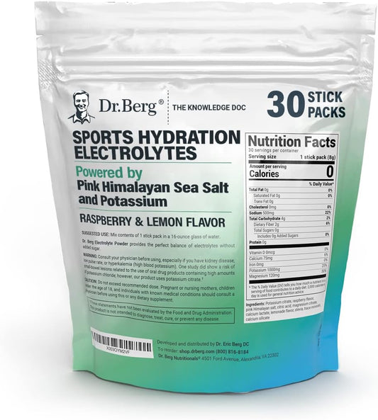 Dr. Berg Sports Hydration Electrolytes Powder W/More Salt (Pink Himalayan) - 30 Keto Electrolytes Powder Packets W/A Delicious Salty Raspberry & Lemon Flavor - Includes 1,000Mg Of Potassium