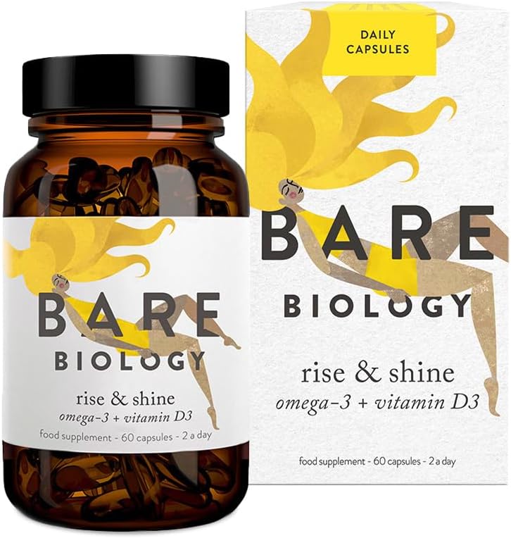 Bare Biology Omega 3 Fish Oil + Vitamin D3 - Rise & Shine Capsules (30 Servings) EPA 755mg DHA 377mg, 1000IU, Immune Health Supplement, Super Strength/Sustainably Sourced Fish