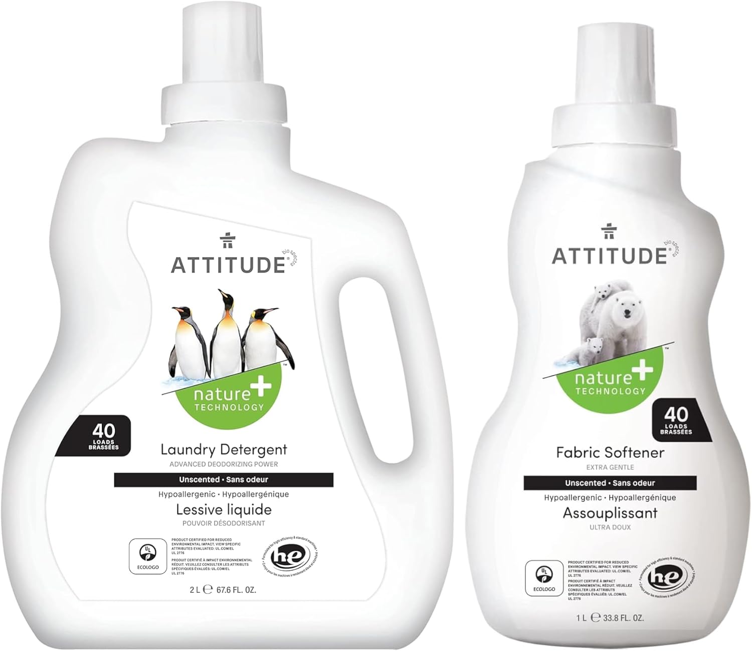 Bundle Of Attitude Liquid Laundry Detergent, Ewg Verified Laundry Soap, He Compatible, Vegan Products, Cruelty-Free, 40 Loads, 67.6 Fl Oz + Laundry Fabric Softener, Unscented, 40 Loads, 33.8 Fl Oz