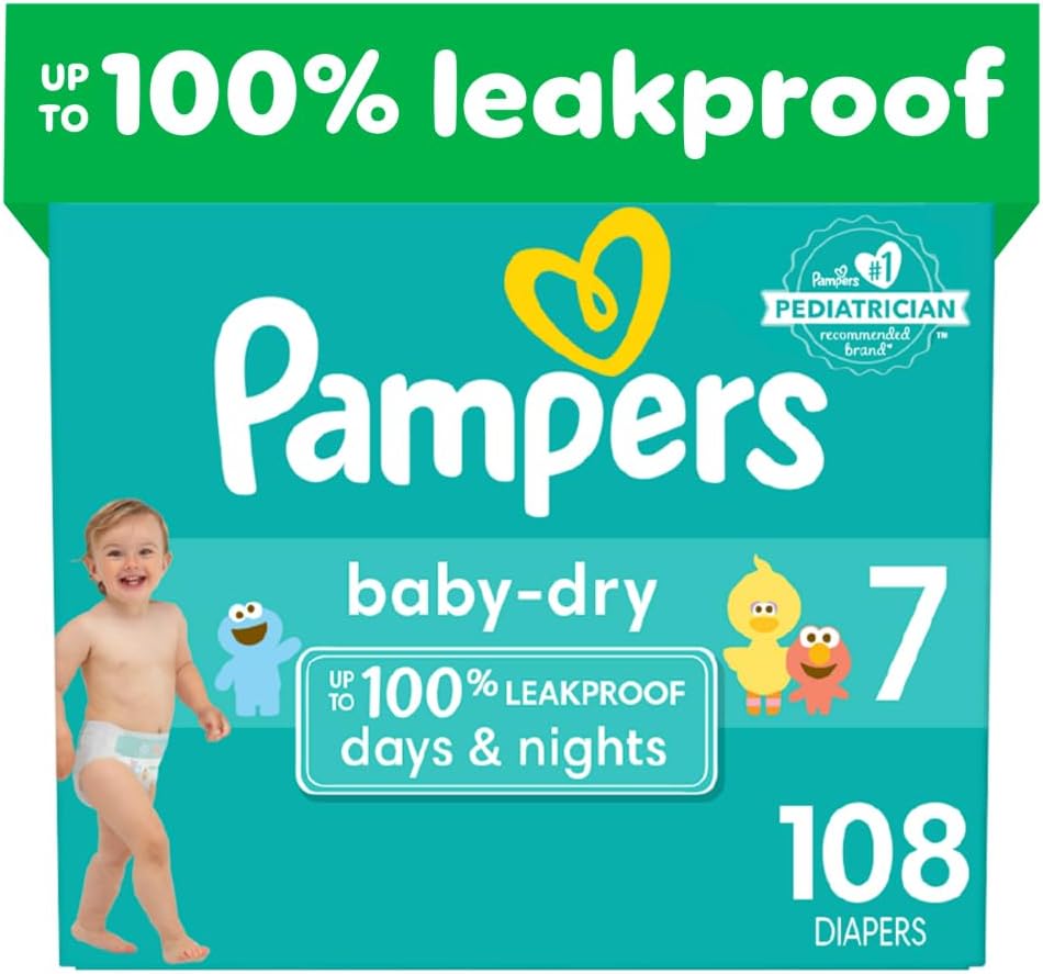 Pampers Baby Dry Diapers - Size 7, One Month Supply (108 Count), Absorbent Disposable Diapers