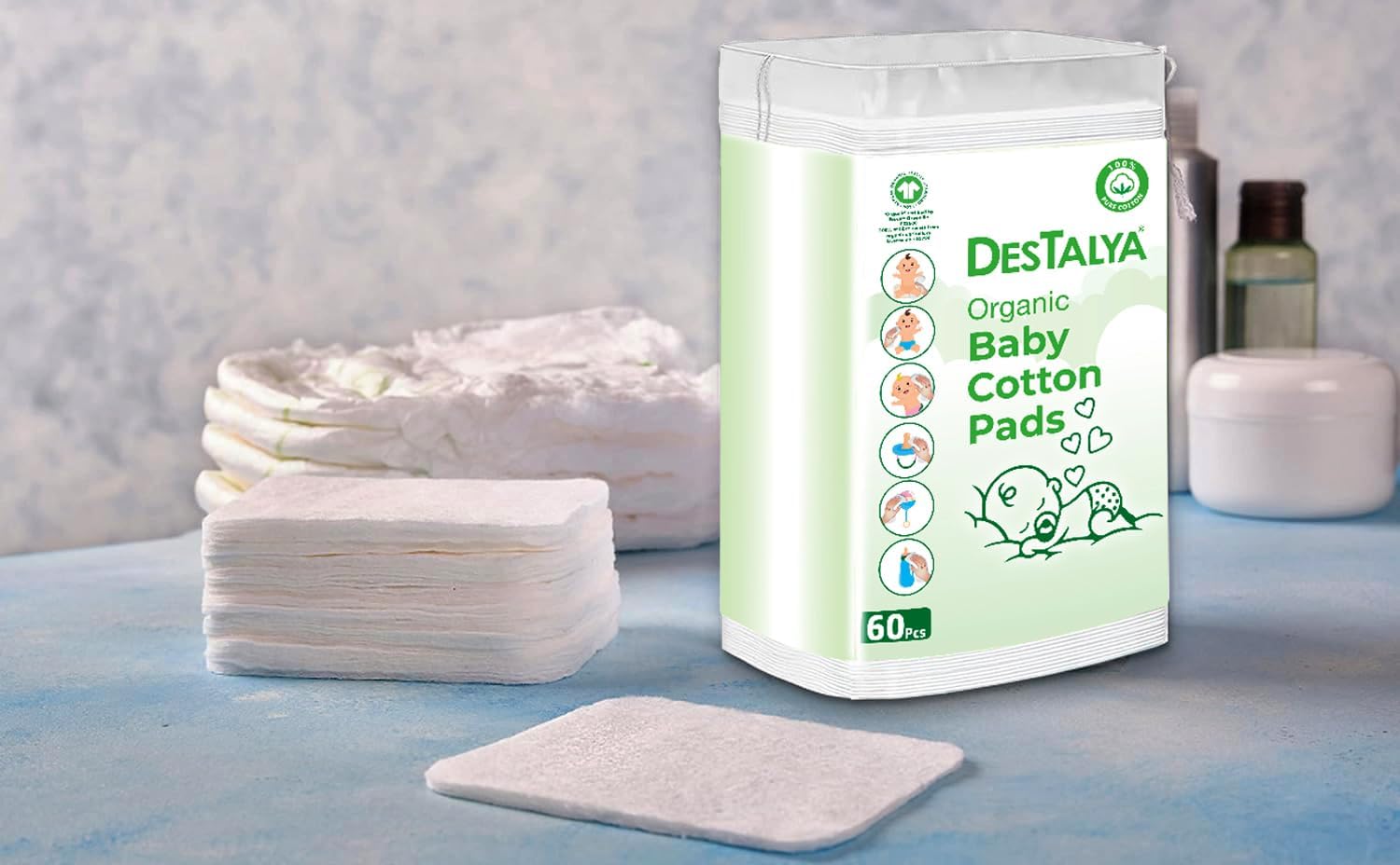 Destalya Baby Cotton Pads For Diaper Change | Large Cotton Squares For Sensitive Skin | Disposable Cleansing Wipes | Soft Washcloths For Personal Care | Makeup Removal (Organic Pads 360)
