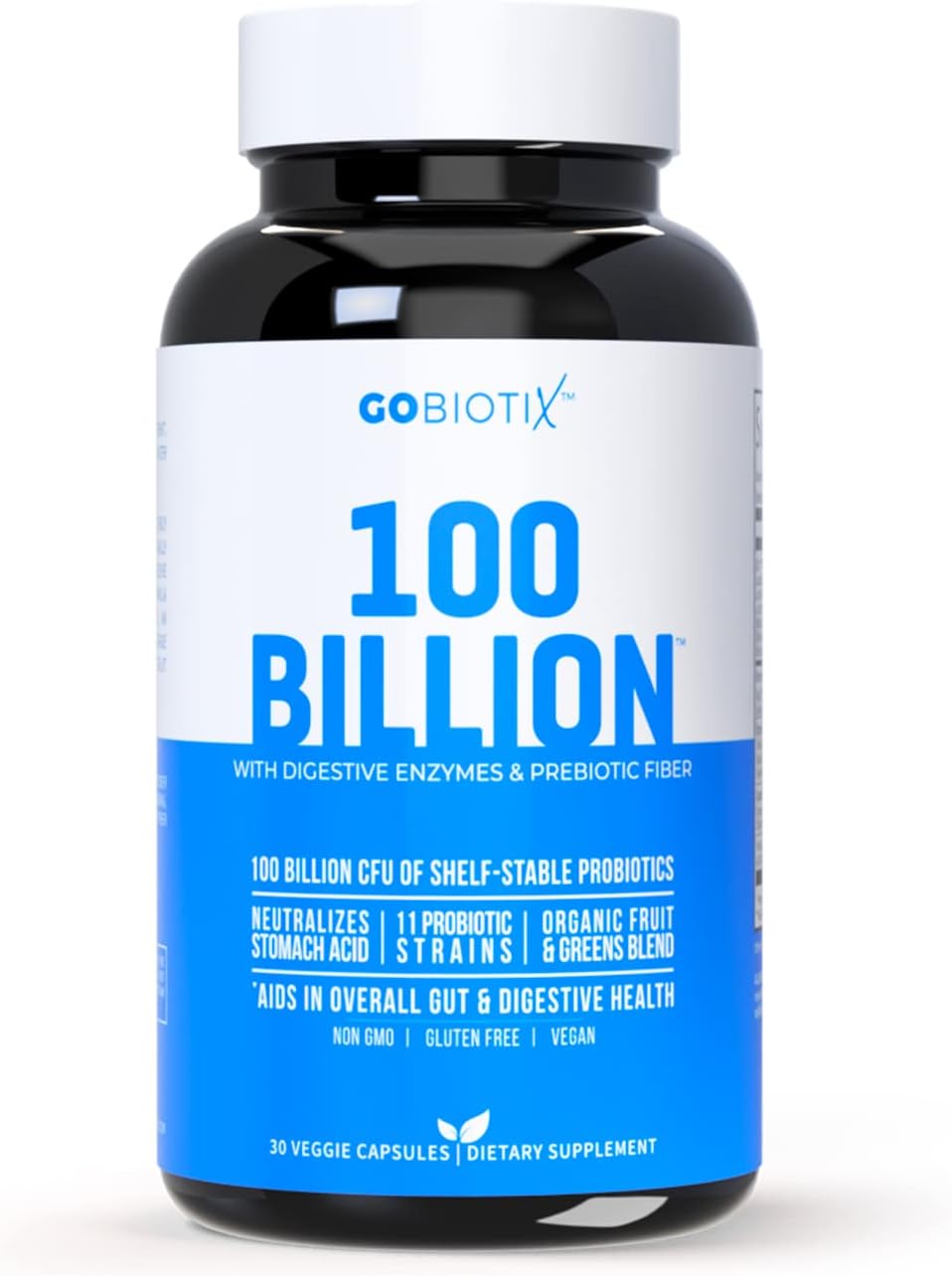 100 Billion - Probiotics And Prebiotics Supplement Pills - Digestive Enzymes And Prebiotic Fiber Blend - 100 Billion Cfu - Organic Fruit And Greens Blend - Vegan, Non Gmo - 30 Capsules