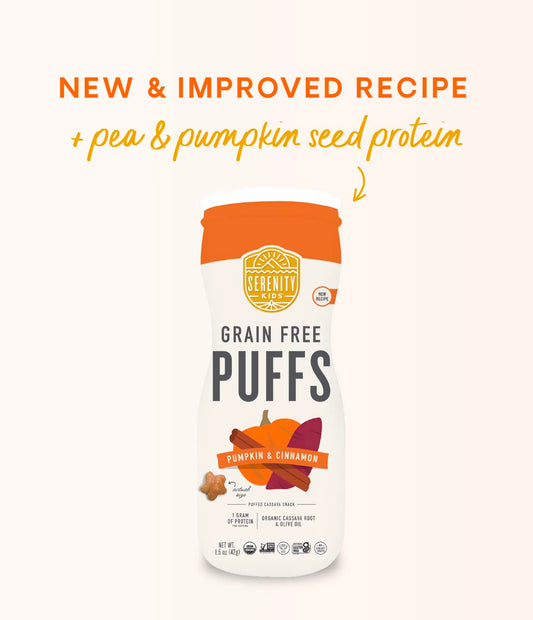 Serenity Kids 6+ Months Grain Free Puffs Toddler & Baby Snack | No Added Sugar, Gluten & Rice Free, Allergen Free | Made With Organic Cassava, Veggies, And Herbs | Pumpkin & Cinnamon | 6 Count