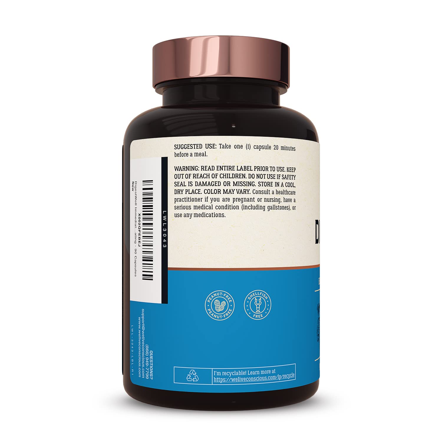 Live Conscious Digestwell Immediate Support - Fast-Acting Digestive Support | Broad Spectrum Enzyme, Probiotic & Herbal Formula - Decreases Everyday Gas & Bloating - 90 Capsules : Office Products