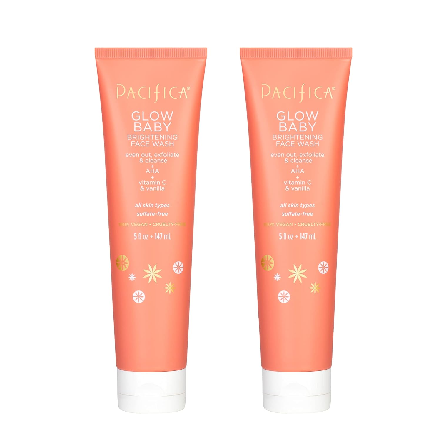 Pacifica Beauty Glow Baby Brightening Daily Face Cleanser, Exfoliate and Cleanse, Vitamin C, AHA for All Skin Types, Sulfate & Paraben, Vegan and Cruelty Free, Orange & Vanilla, 5 Fl Oz, Pack of 2