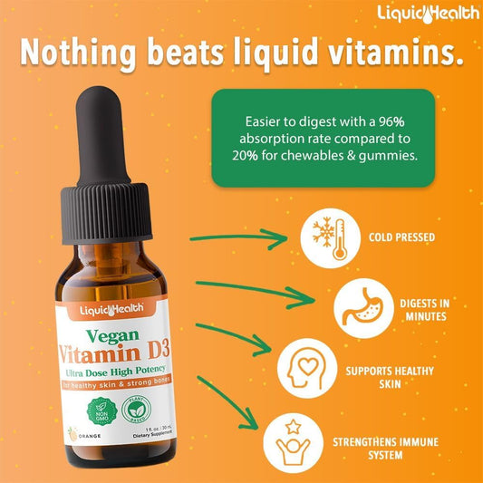 LIQUIDHEALTH Liquid Vitamin D3 5000 IU, Vitamin D Liquid Drops, Adults & Kids, D3 Vitamin D Drops, for Immune Support, Bone Health, Mood Support - 1 Oz