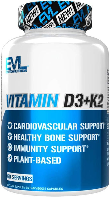 Evlution Nutrition Vitamin D3 + K2 for Immune System Support, Bone, Brain and Heart Health Support, Non-GMO and Gluten-Free, High Potency, Improve Calcium Absorption, 60 Servings