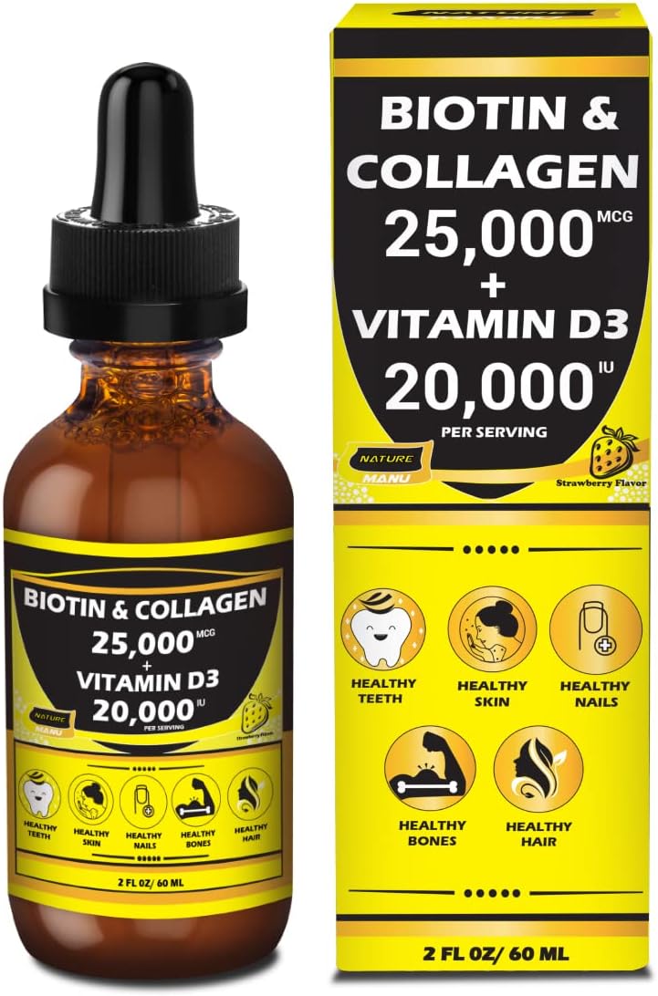 Nature Manu-Premium 25,000mcg Liquid Biotin & Collagen+20,000iu Vitamin D3 All-in-one Wellness Daily Drops. Supports Healthy Skin, Stronger Nails, Hair Growth. Tasty Strawberry Flavor - 2 FL OZ/60 ML