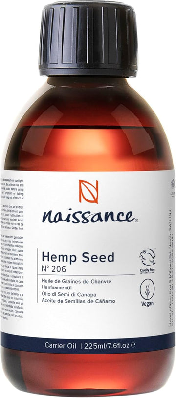 Naissance Cold Pressed Hemp Seed Oil (No. 206) - 225ml - Natural Moisturiser for Skin, Face, Beard, Nails, Hair, Body, Scalp