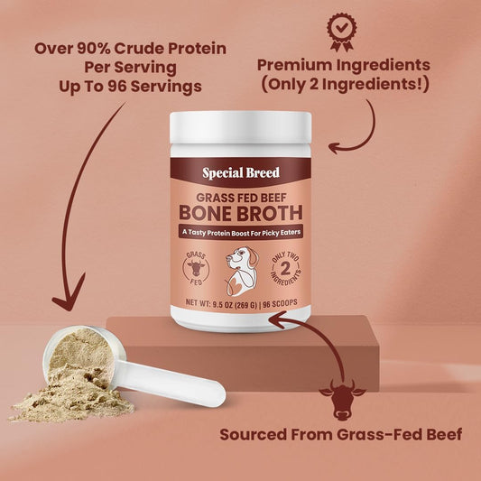Special Breed Bone Broth Powder For Dogs And Cats - Dog And Cat Food Topper, Grass Fed Beef Broth Supplement, 9.5 Oz