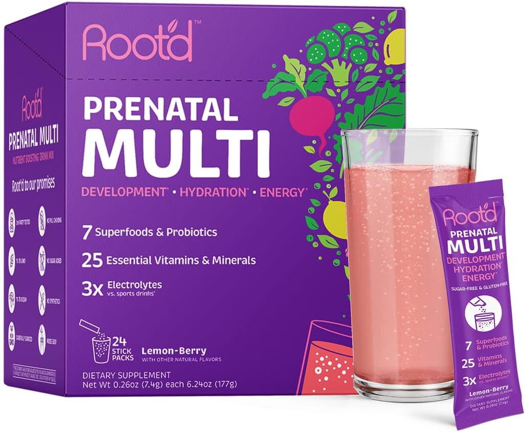 Root'D Prenatal Multivitamin Powder - 25 Vitamins & Minerals With 3X Electrolytes, Folate, Iron, D3 For Mom & Baby, 7 Superfoods & Probiotics, Sugar-Free Vitamins & Hydration | 24 Packets