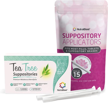 Nutrablast Tea Tree Oil Vaginal Suppositories W/Applicators (12 Suppositories & 15 Applicators) Supports Odor Control