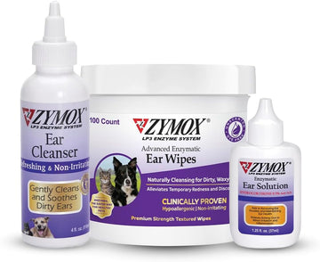 Zymox Enzymatic Ear Solution For Dogs And Cats, Ear Wipes, & Ear Cleanser - Product Bundle - For Dirty, Waxy, Smelly Ears And To Soothe Ear Infections