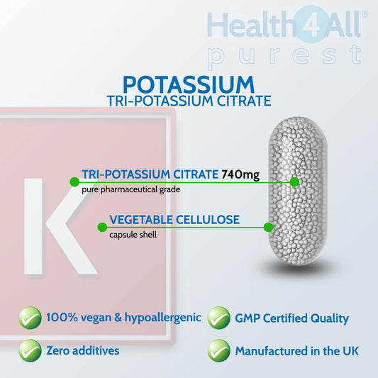 Health4All Potassium Citrate 740Mg Per Capsule 90 Capsules, Purest High Elemental Potassium, Vegan Electrolyte Supplement For Normal Blood Pressure & Muscle Function (Not Tablets) | Made In Uk
