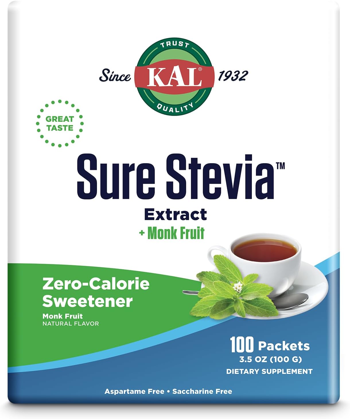 Kal Sure Stevia Plus Monk Fruit Sweetener - Great Tasting, Zero Calorie Sugar Free Sweetener - Low Glycemic, Perfect For A Keto Diet Or Low Carb Diet, 60-Day Guarantee, 3.5Oz, 100 Single-Serve Packets