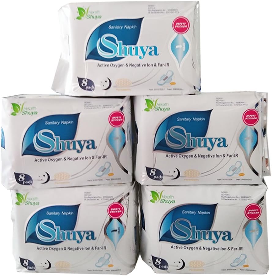 SHUYA Patented Negative ion Overnight Maxi Pads for Women with Wings for Heavy Flow, Herbal Scented,Size 285mm (Pack of 5)